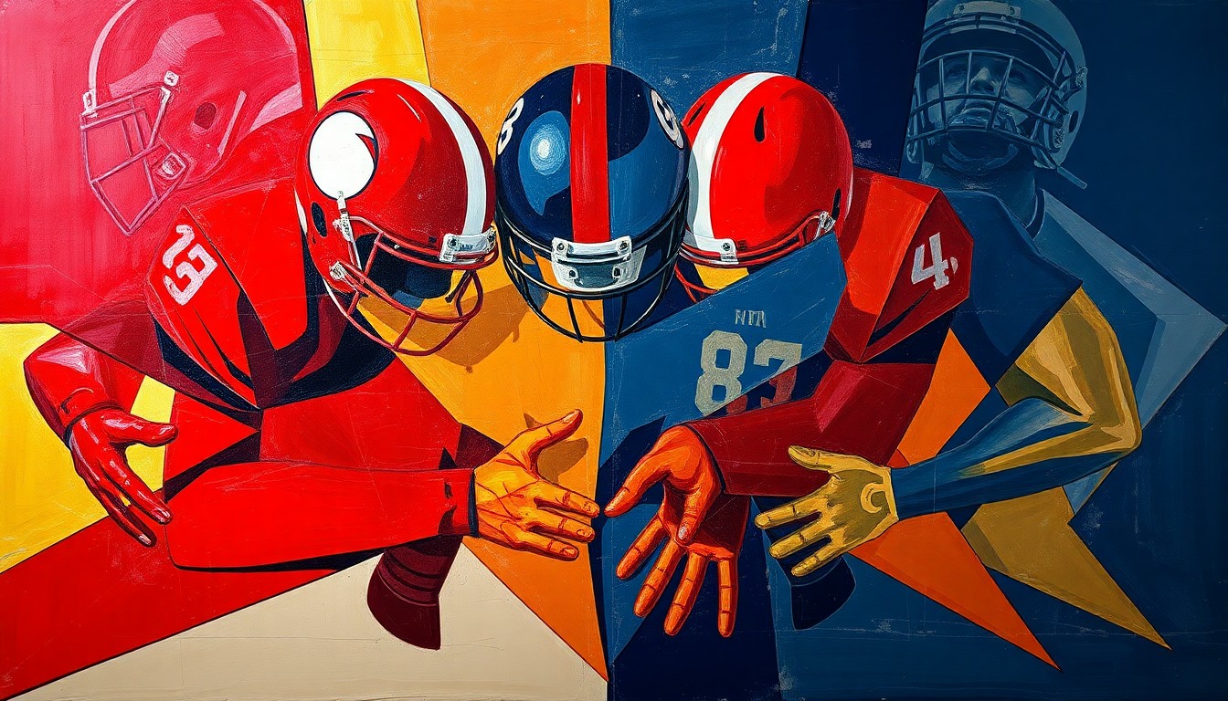 A cubist, geometric painting depicting an abstract football offensive line, with sharp, overlapping planes in the 49ers' colors of red, gold, and navy blue.