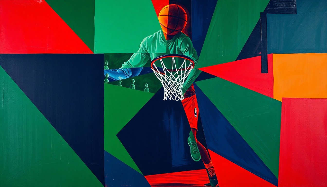 A cubist-style painting featuring overlapping geometric shapes and planes in navy, green, and red, conceptually representing the dynamic movements and perspectives of a basketball game.