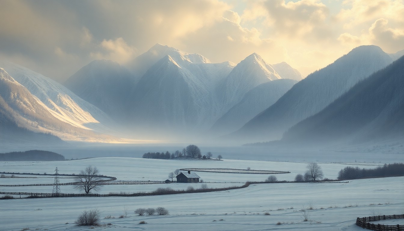 A vast, atmospheric landscape painting in muted tones of gray, blue, and white, depicting a small, isolated farmhouse or orchard dwarfed by the overwhelming presence of a looming, wintry storm system. The composition uses deep perspective and dramatic lighting to convey the sublime, melancholic power of the natural world.