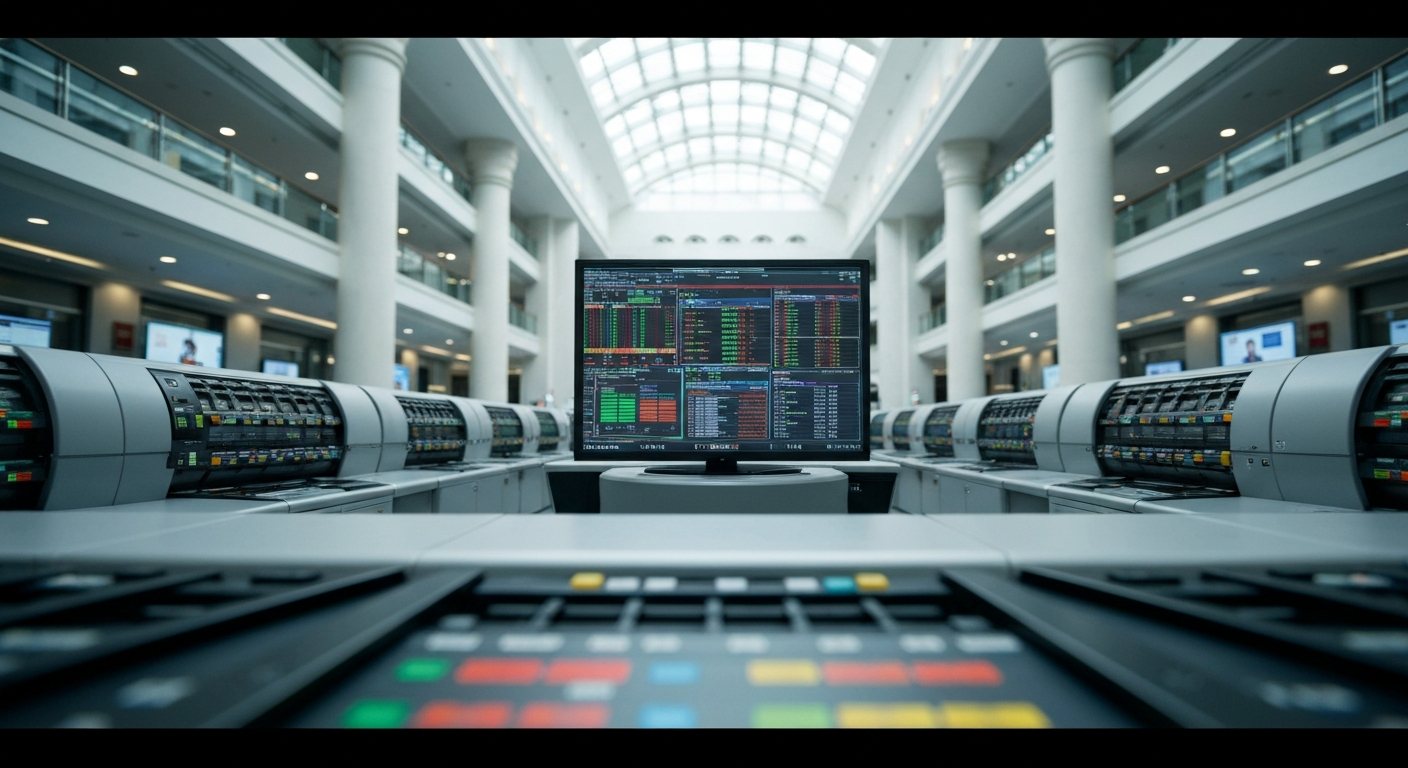 An extreme close-up of intricate, heavy-duty banking equipment and machinery, conveying a sense of the financial industry's scale and influence.