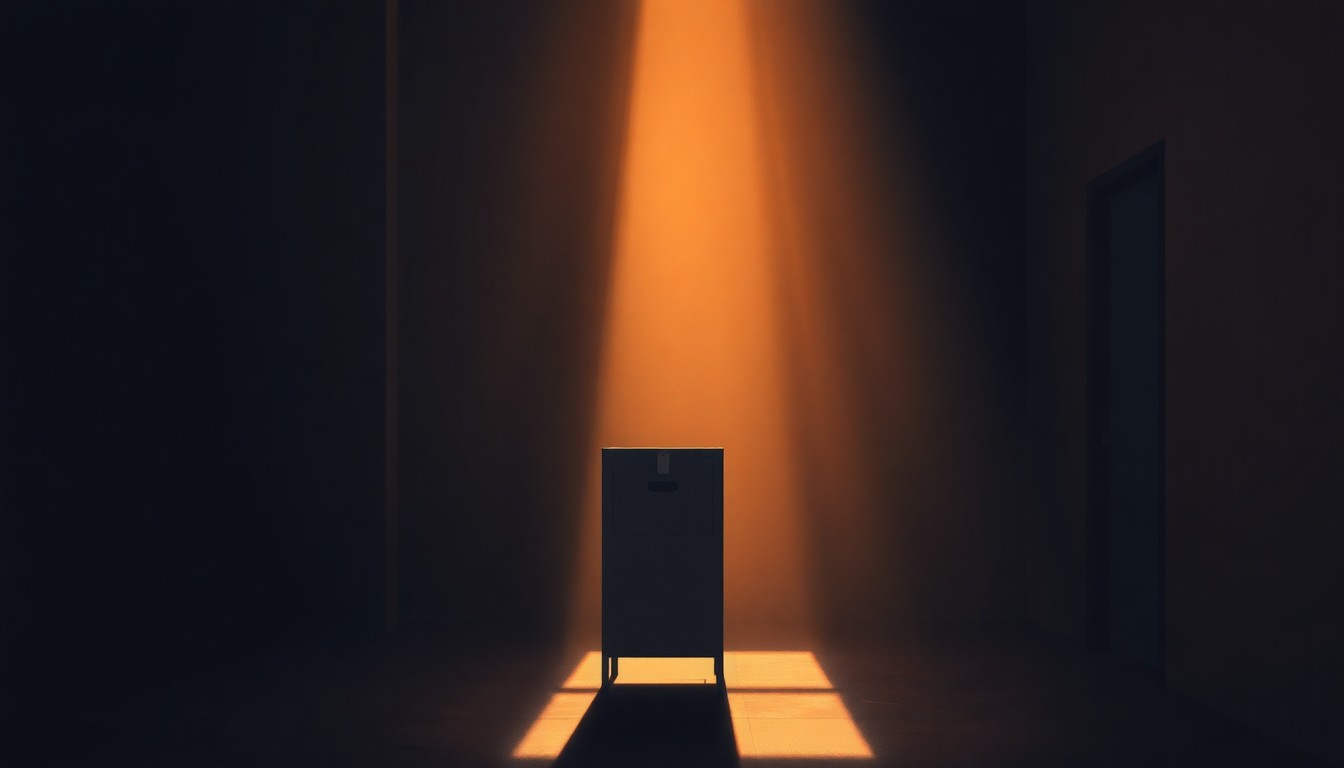 A moody, cinematic painting depicting a lone ballot box or voting booth in a dimly lit urban setting, with warm sunlight casting dramatic shadows across the scene, conveying a sense of tension and uncertainty surrounding the handling of election data.