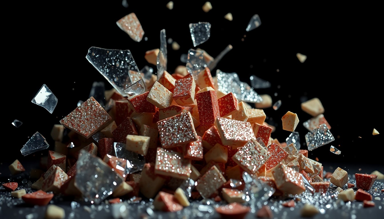 An abstract close-up image featuring shattered glass and glittering ceramic shards in dramatic high-contrast lighting, conveying the bold and imaginative nature of the artwork on display.