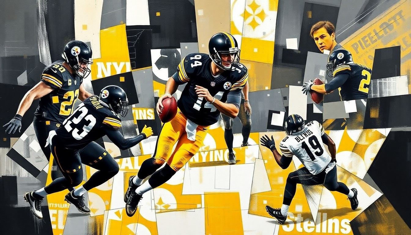A cubist, geometric painting depicting a fragmented, multi-angled view of a football player in motion, with sharp planes of black, gold, and white representing the Pittsburgh Steelers' colors.