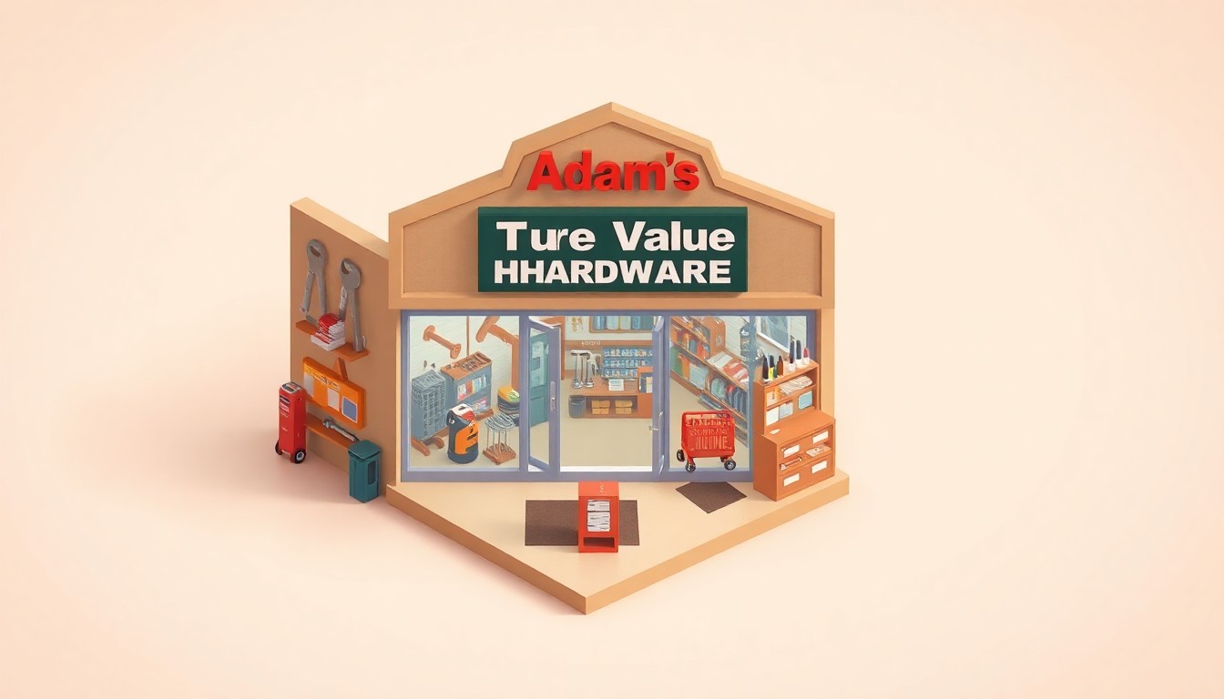 A miniature, stylized 3D illustration of a warm, welcoming hardware store with shelves of tools and supplies, representing the opening of Adam's True Value Hardware in Scranton, Pennsylvania.