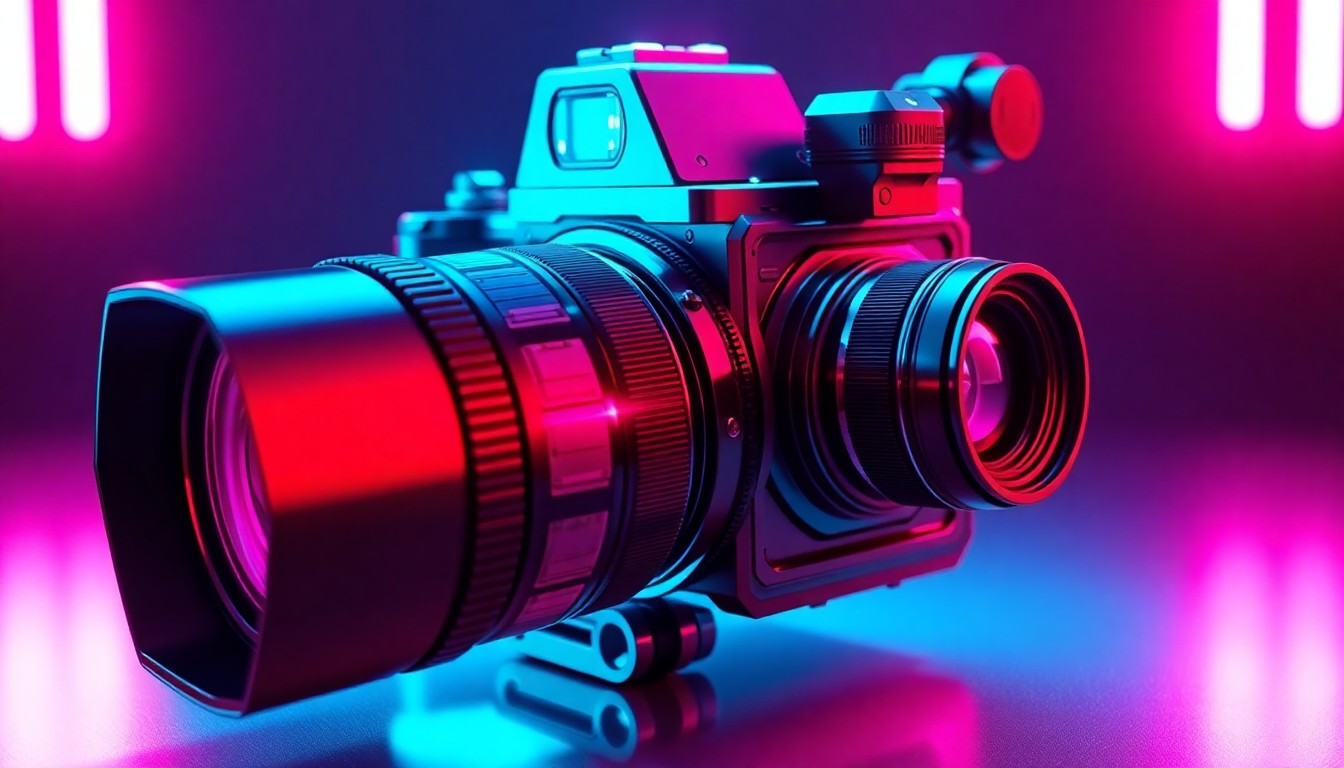 A highly detailed, glowing 3D illustration of a futuristic film camera, its mechanical components illuminated by pulsing neon lights, conceptually representing the intersection of technology and creativity.