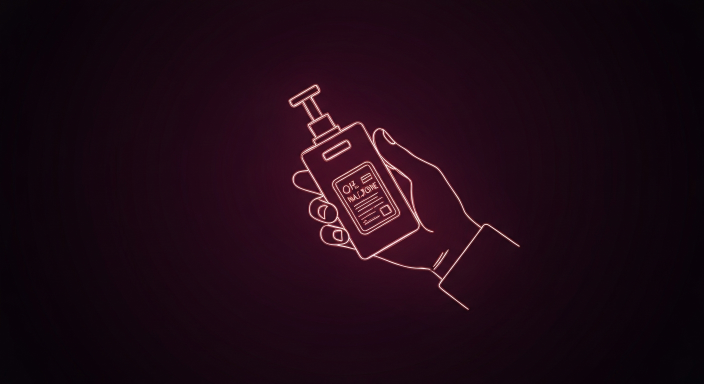 A minimalist design in the style of Keith Haring, where the outline of a hand holding a naloxone kit is defined by vibrant neon lines against a dark background, emphasizing the shape and energy of this life-saving tool.