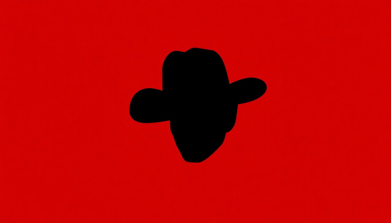 A minimalist, graphic illustration depicting a bold black silhouette of George Strait's iconic cowboy hat against a bright red background, capturing the country legend's timeless style in a striking, abstract composition.