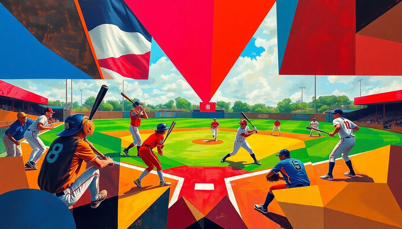 A fragmented, geometric painting depicting the motion and competition of a high school softball game, with sharp angles and vibrant colors representing the players, field, and action.