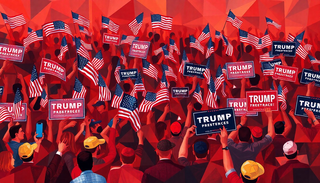 A vibrant, abstract painting depicting a crowd of people waving American flags and political signs, with the figures overlapping and repeating in a fractured, geometric style that evokes a sense of energy and movement.