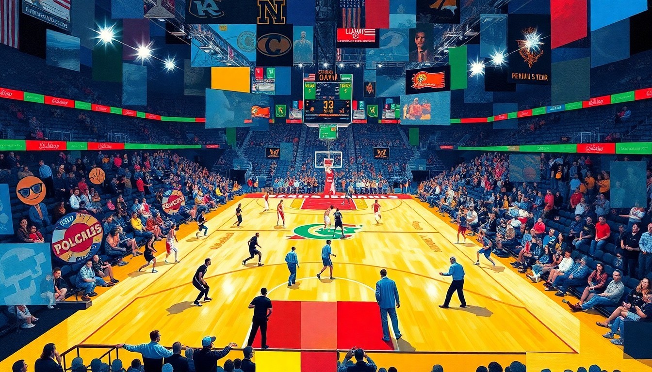 A fractured, multi-perspective painting in vibrant colors, breaking down a college basketball game into sharp, overlapping geometric shapes and planes.