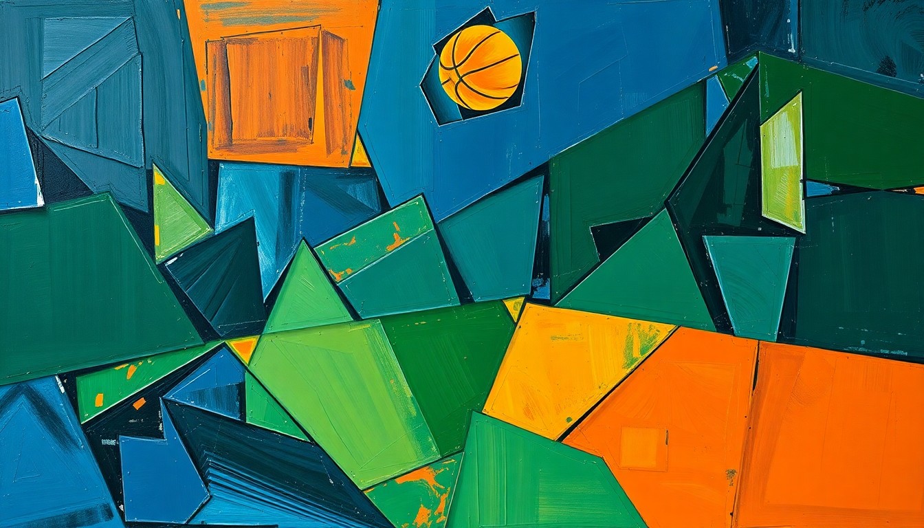 A fragmented, cubist-style painting depicting basketball players and a basketball court broken down into sharp, overlapping geometric shapes and planes in dark blue, green, and orange tones, conveying the dynamic energy of the sport.