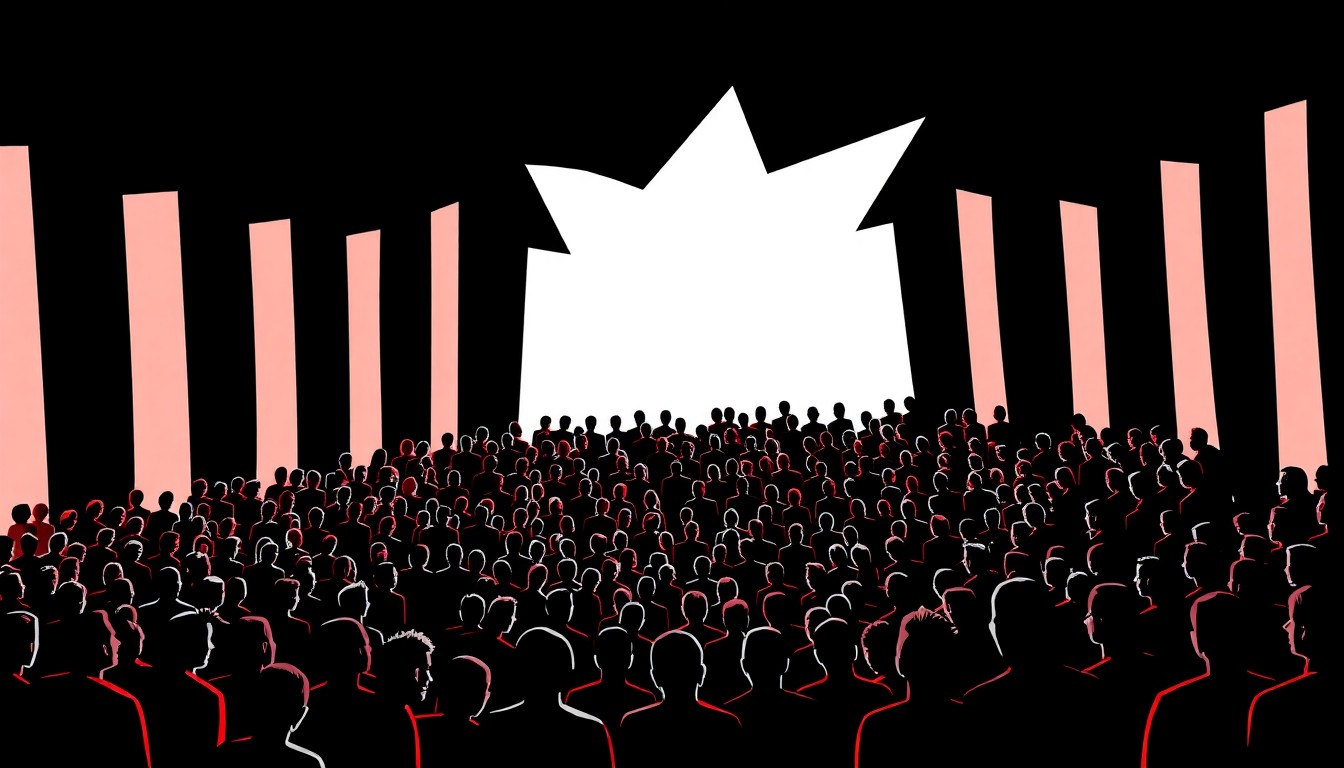 A bold, abstract composition of stark black silhouettes and geometric shapes in high-contrast red and white, conceptually representing the mass choir of high school singers filling the iconic Walt Disney Concert Hall.