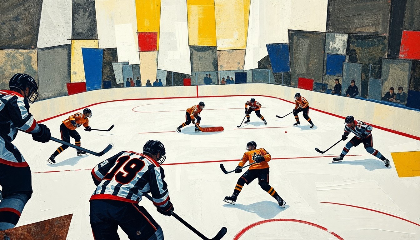 A fractured, multi-perspective painting depicting the chaotic action of a hockey game, with players' bodies and equipment broken down into sharp, overlapping geometric shapes and planes of color.