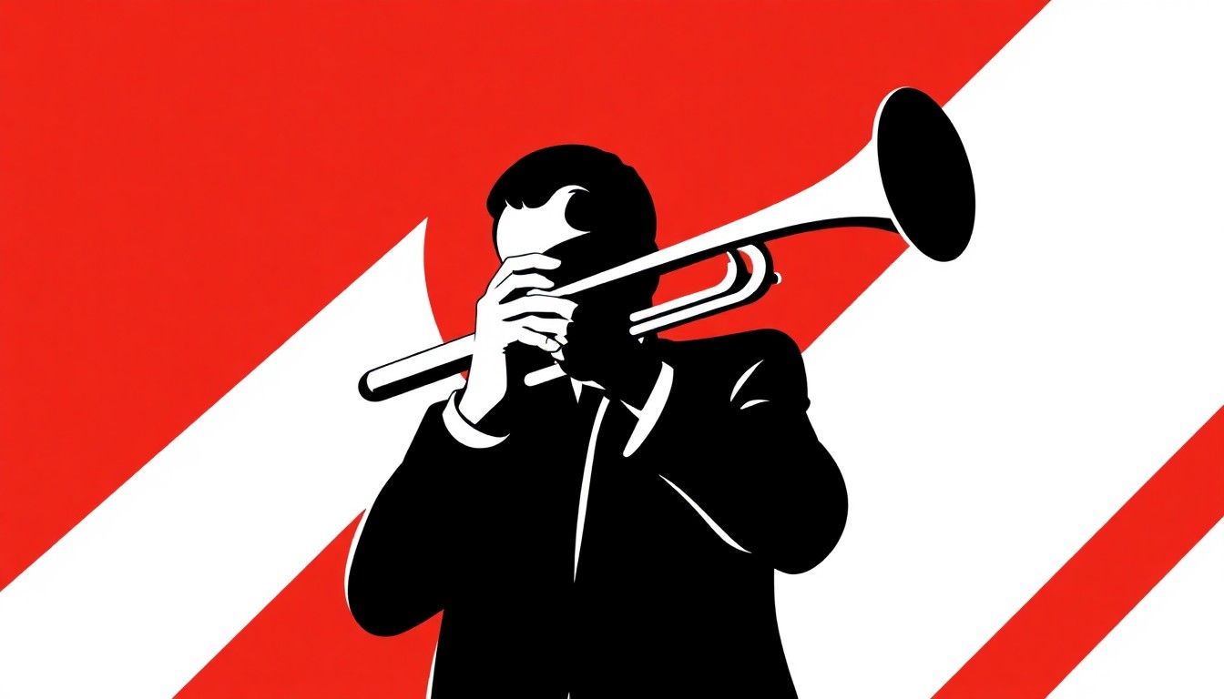 A minimalist, abstract illustration composed of bold, jagged geometric shapes in red and white, conceptually representing the collaborative performance between a university wind ensemble and a renowned guest trumpeter.