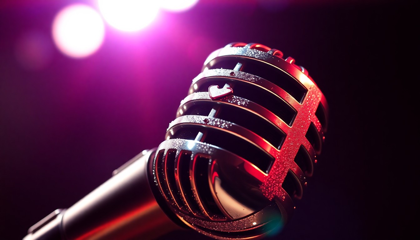 An abstract close-up photograph of a shiny, glittering country music microphone in dramatic high-contrast studio lighting, conveying the glamour and energy of the genre through its material and lighting.