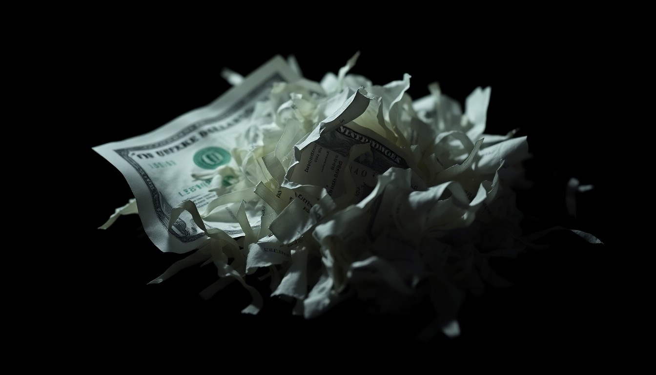An extreme close-up of a shredded financial document or crumpled stock certificate, lit by a harsh flash against a dark background, conceptually representing the collapse of a fraudulent tech company.