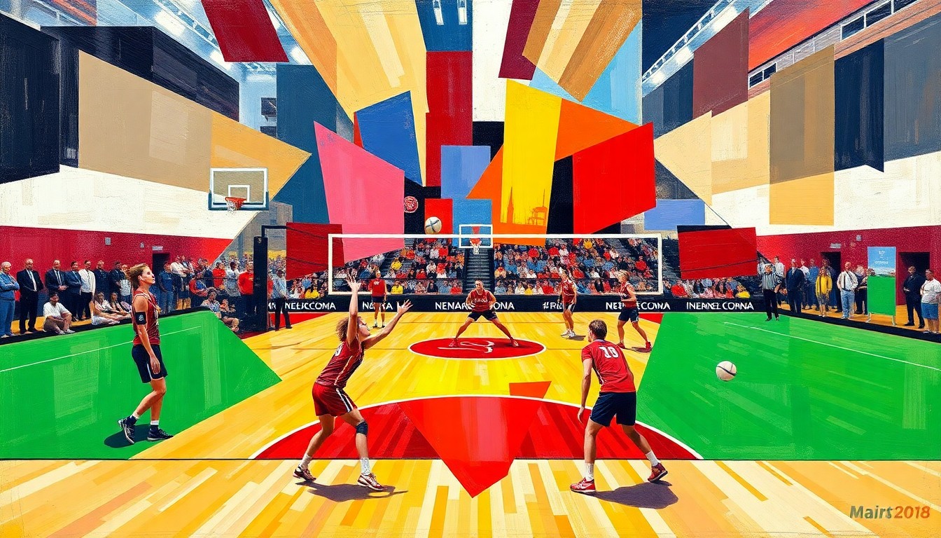 A fractured, multi-perspective painting in bold, geometric shapes and vibrant colors, representing the competitive energy of a volleyball match between two rival teams.
