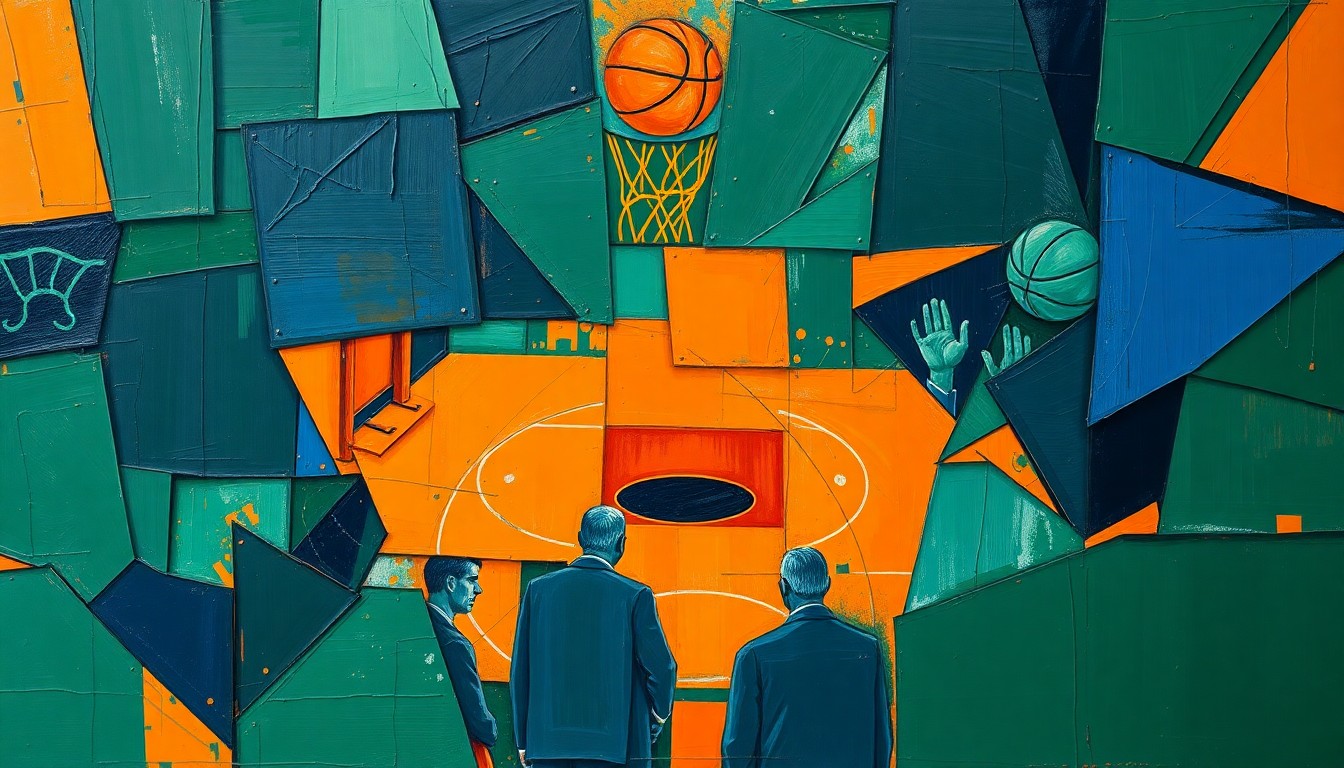 A cubist, geometric painting depicting fragmented, overlapping shapes in navy, green, and orange, conceptually representing the strategic planning and team-building efforts of an NBA franchise's coaching staff and front office.