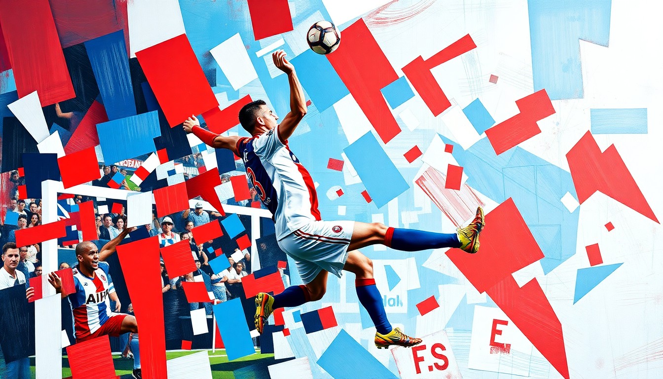 A fractured, multi-perspective painting depicting a soccer player's goal celebration, broken down into sharp, overlapping geometric shapes and planes in vibrant red, blue, and white colors.