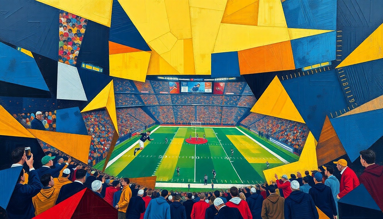 A fragmented, cubist-style painting depicting a football game broken down into sharp, overlapping geometric shapes and planes in navy blue, gold, and crimson colors, conveying the complexities of college football recruiting.
