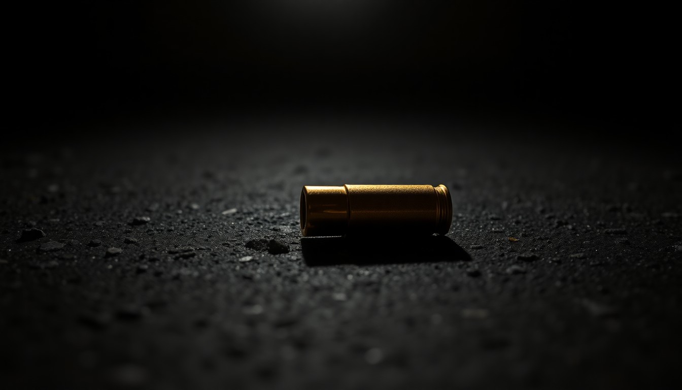 An extreme close-up of a single spent bullet casing on a dark concrete surface, the harsh flash illuminating the metallic details and textures in stark contrast.