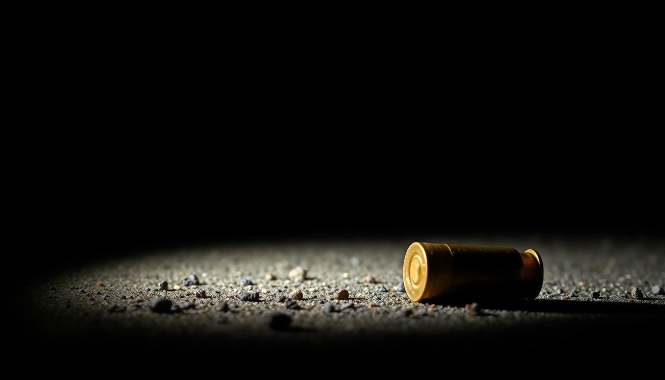 An extreme close-up photograph of a single spent shell casing on the ground, capturing the stark, gritty aftermath of a violent incident.