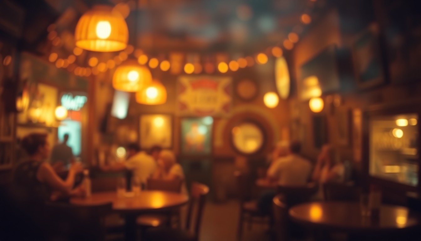 An extremely blurred and abstracted interior scene of a neighborhood bar, with soft, warm pools of light and color creating a sense of intimacy and community.