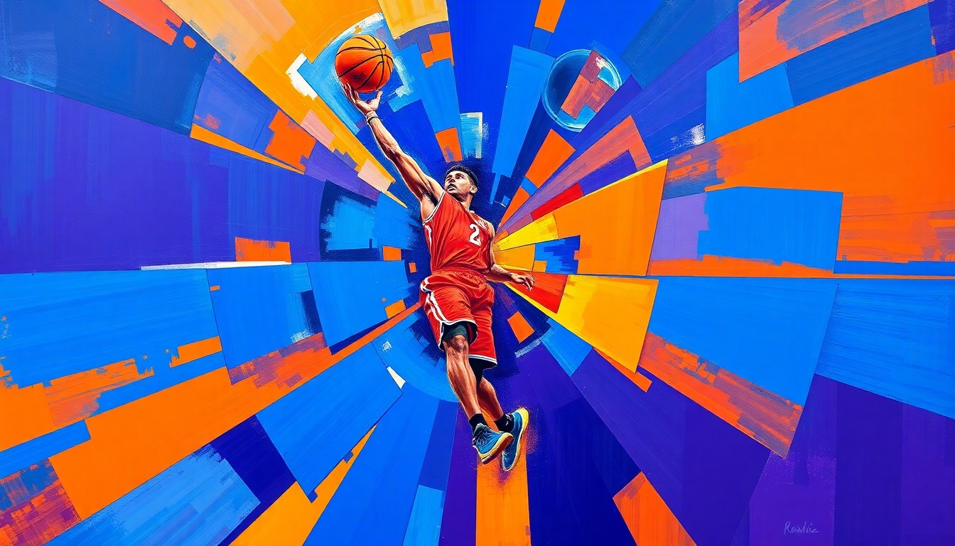A cubist-style painting depicting a basketball player's body broken down into sharp, overlapping geometric shapes in vibrant colors, representing the strategic challenges the Knicks face with Robinson's free throw struggles.