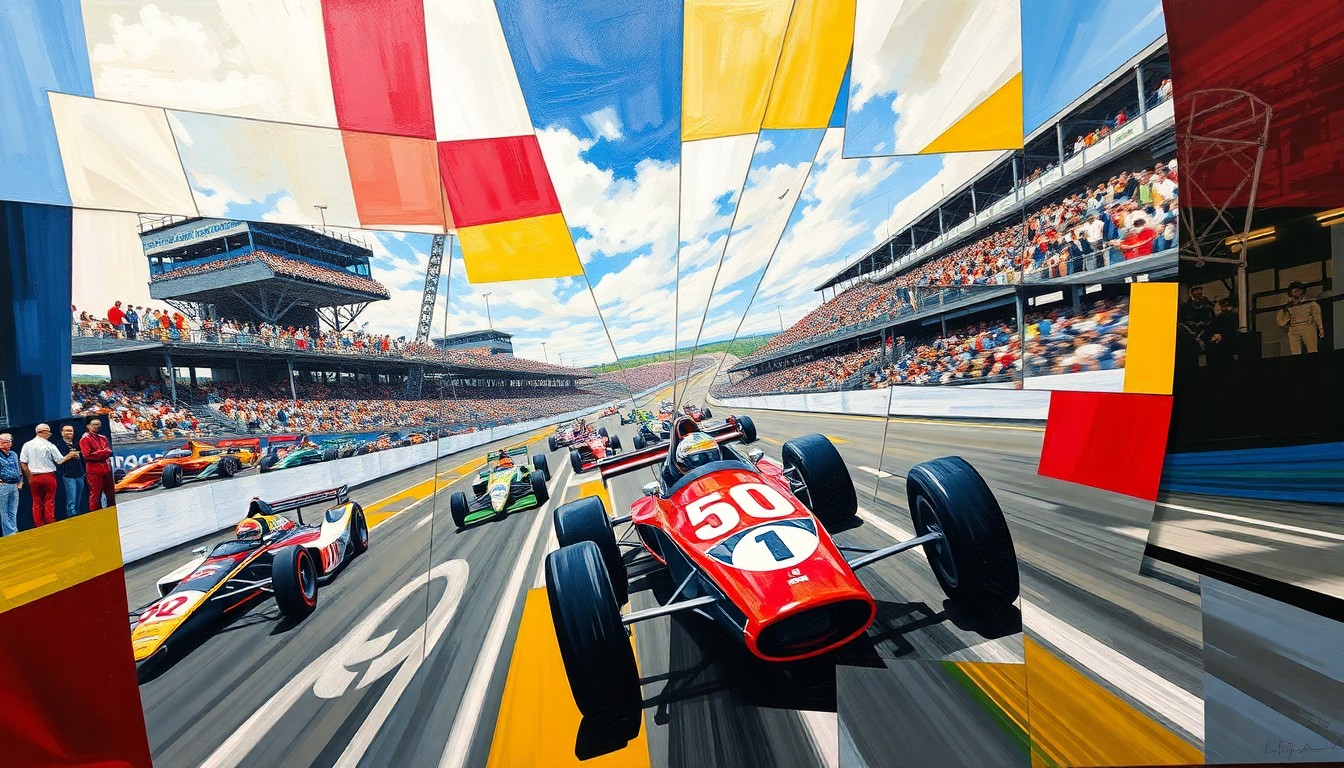A cubist-style painting featuring overlapping geometric shapes and planes in vibrant colors, representing the speed and motion of the Indianapolis 500 race.