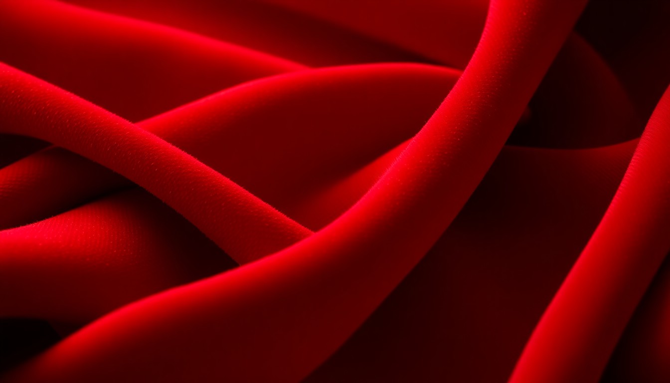 An extreme close-up photograph of rich, textured red velvet fabric, capturing the luxurious and glamorous aesthetic of a high-profile awards show red carpet.