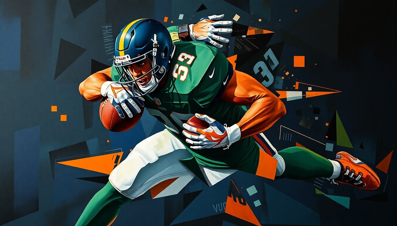 A cubist, geometric painting depicting a defensive lineman making a powerful tackle, with sharp, overlapping planes in deep navy, forest green, and burnt orange colors.