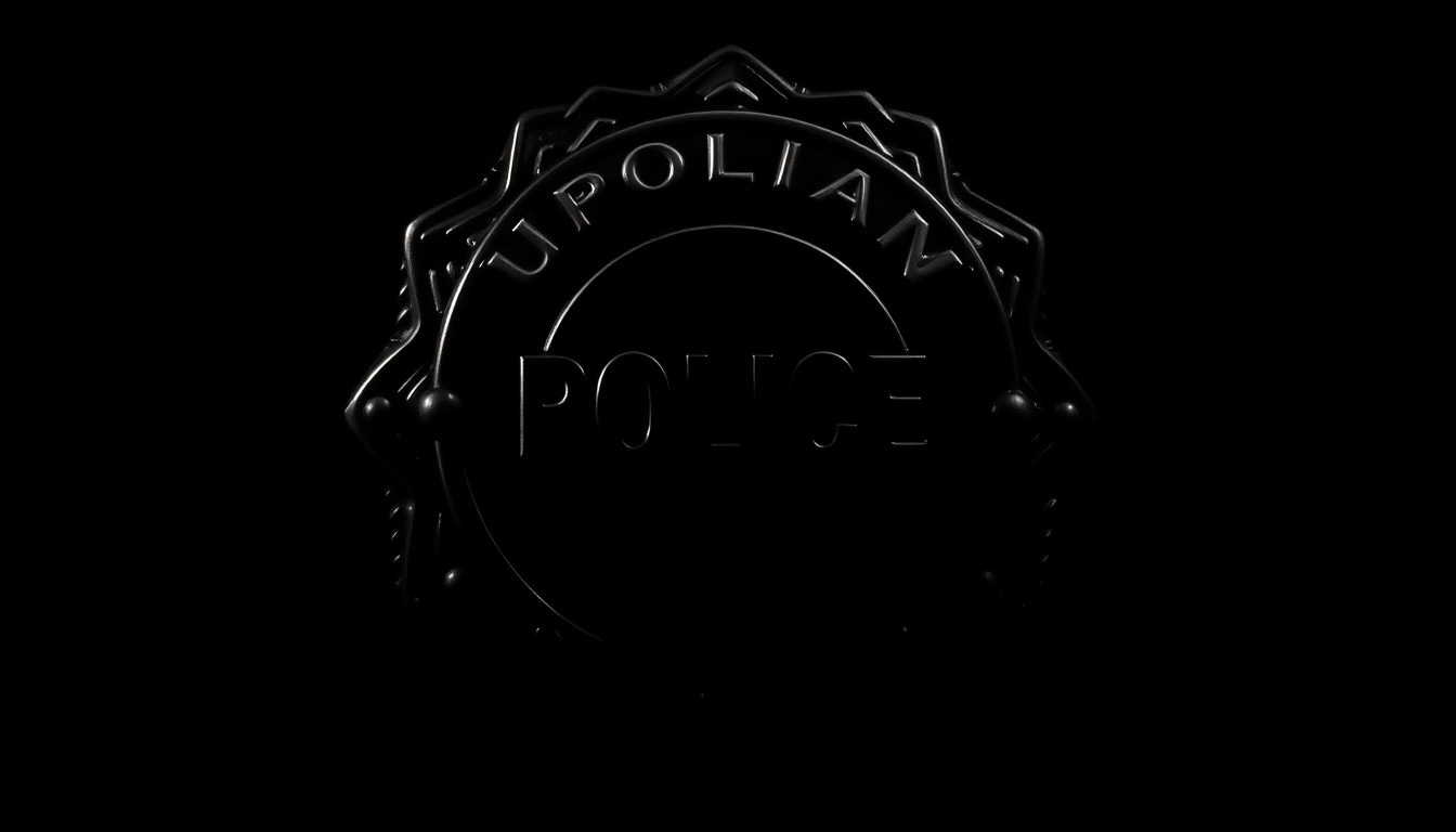 An extreme close-up photograph of a police badge reflecting a harsh, direct camera flash, conveying the gritty, investigative nature of this tragic event.