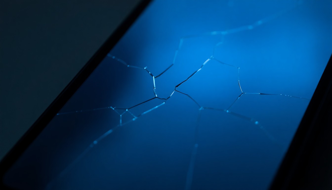 An extreme close-up photograph of a cracked smartphone screen reflecting a faint blue light, conceptually representing the fragility and vulnerability of victims seeking protection.