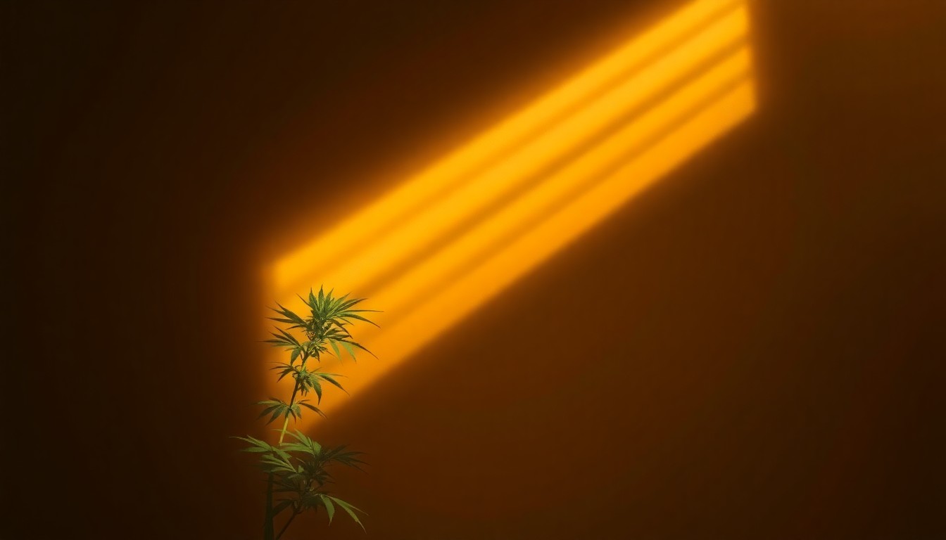 A photorealistic painting in the style of Edward Hopper, depicting a single hemp plant or cannabis leaf illuminated by warm, angled sunlight and surrounded by deep shadows, conveying a sense of quiet contemplation about the challenges facing North Carolina's unregulated cannabis market.
