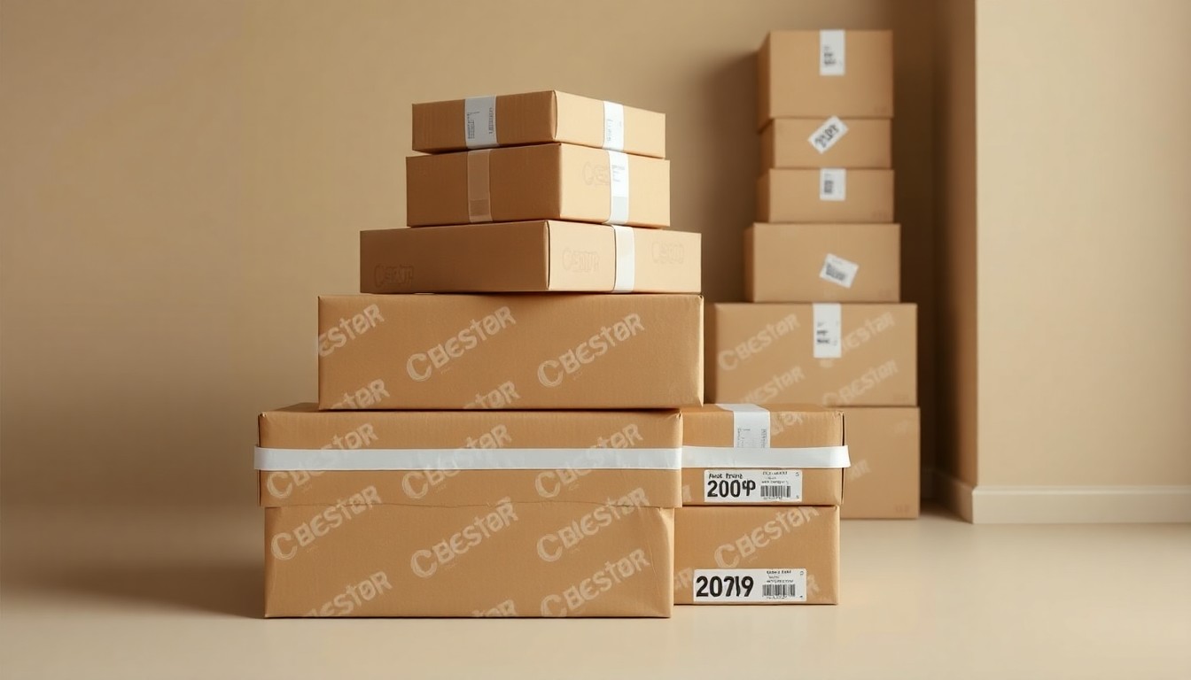 A photorealistic studio still life featuring a stack of neatly packaged parcels in neutral tones, conveying the careful handling and international delivery capabilities of 1 Stop Pack n Ship.