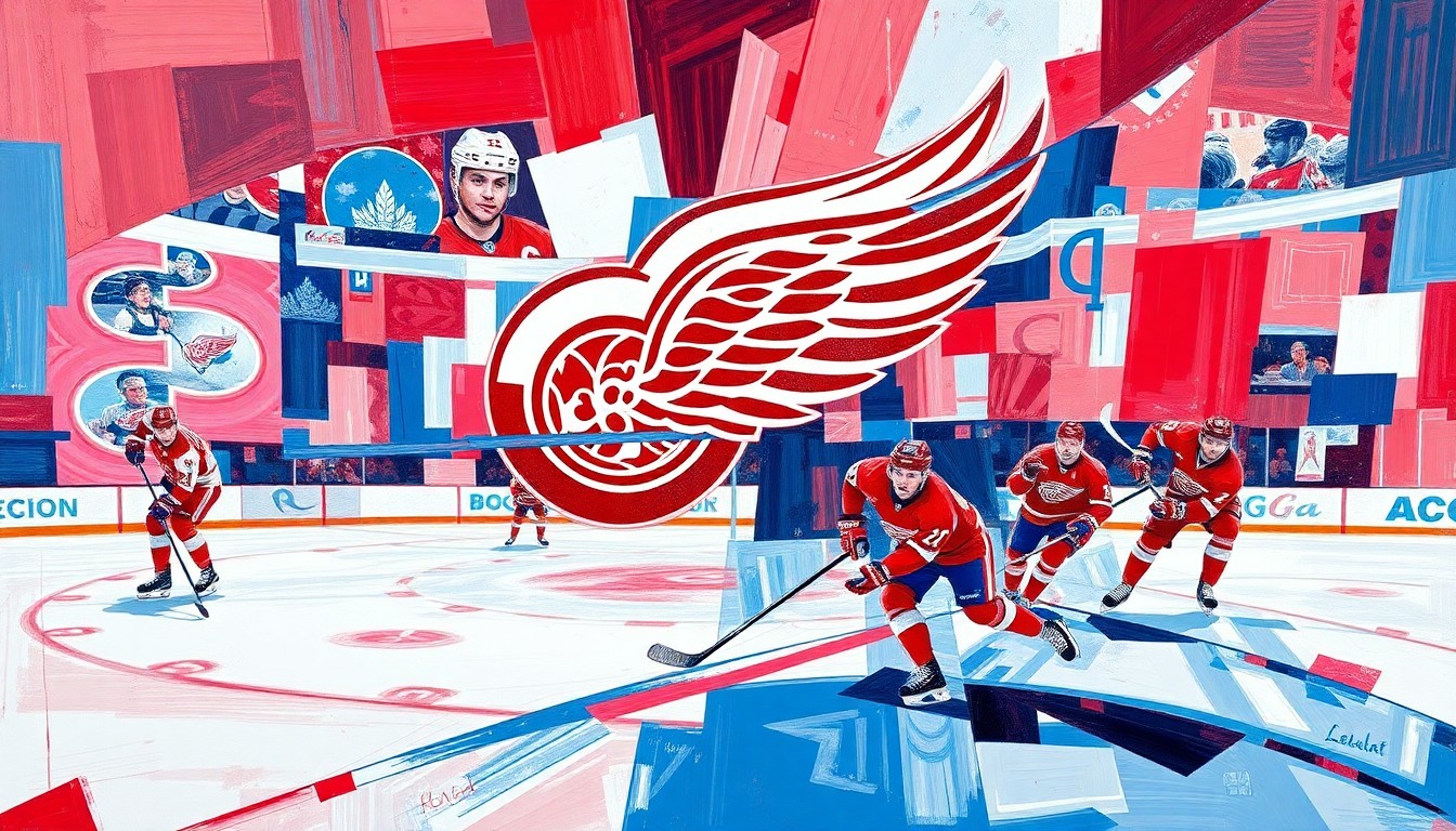 A cubist, geometric painting depicting a fragmented hockey game, with sharp, overlapping planes of red, white, and blue colors representing the Red Wings' uniform.