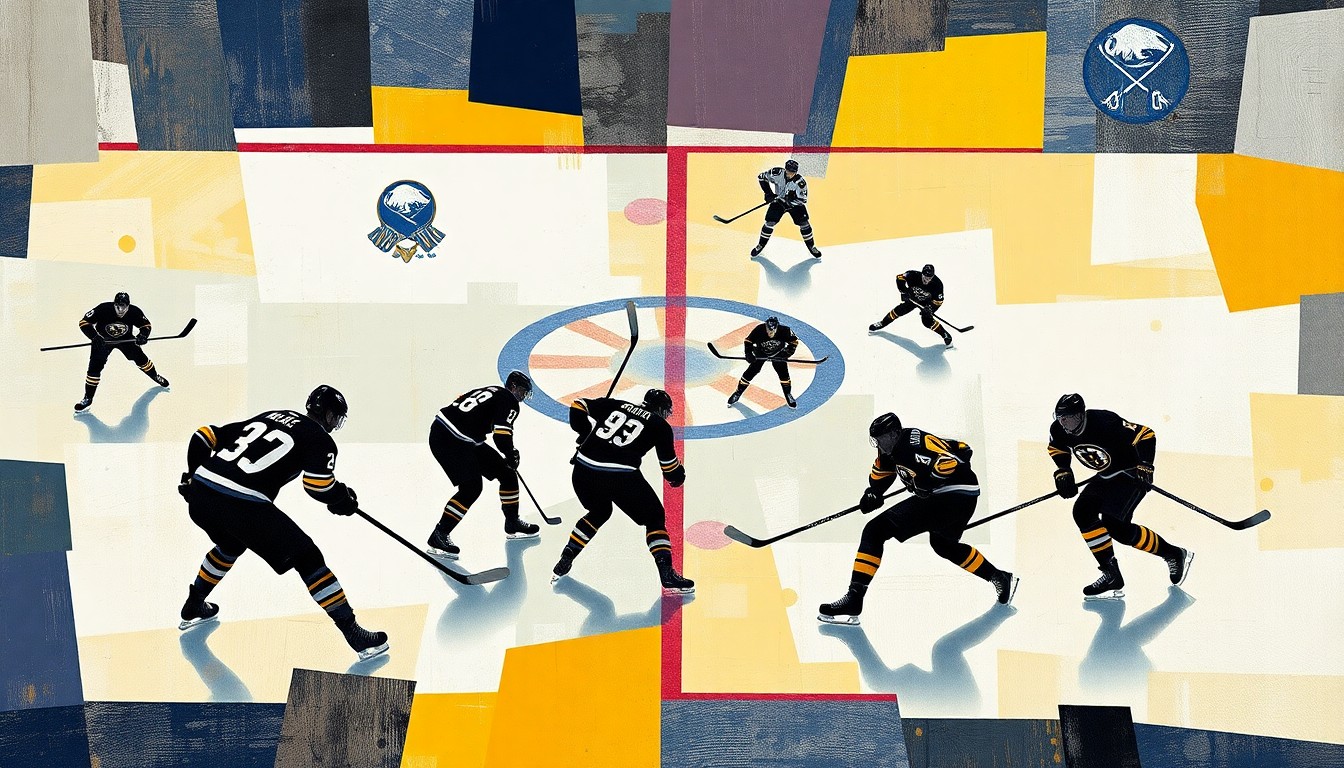 A cubist, geometric painting depicting the chaotic action of a hockey game, with overlapping planes of blue, gold, black, and white representing the players, puck, and ice of the Buffalo Sabres and Boston Bruins.