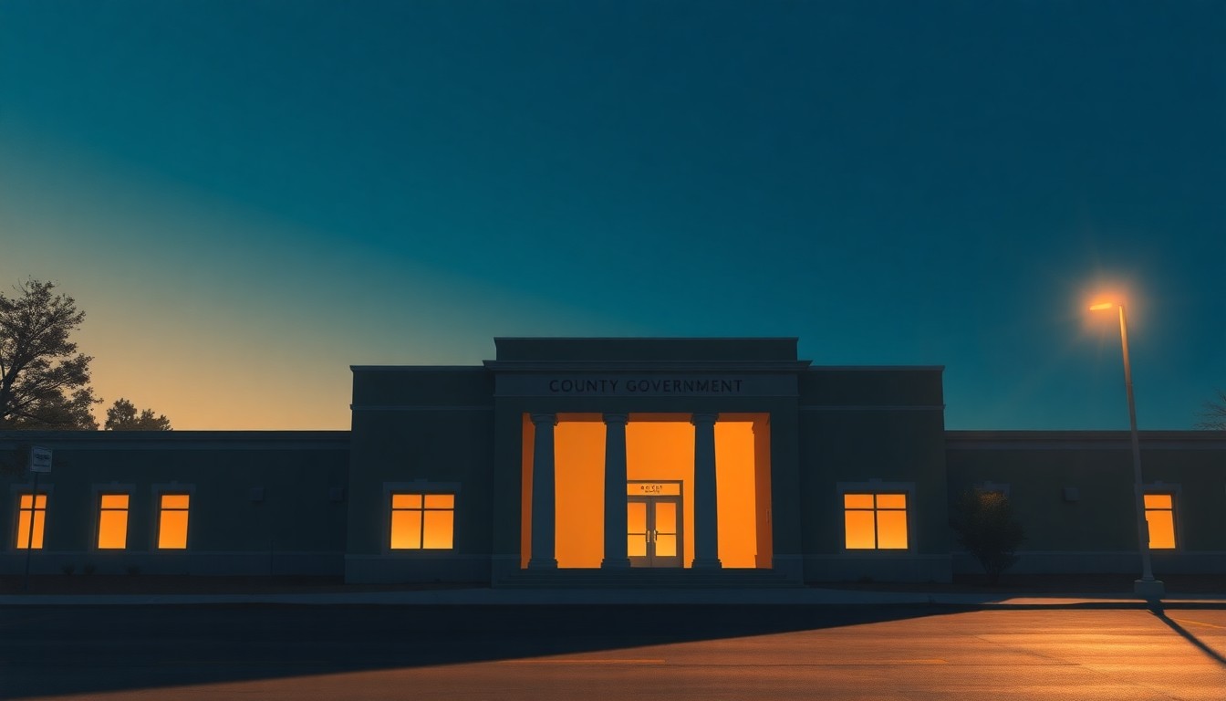 A photorealistic painting of a solitary county government building in warm, golden light, with deep shadows across the facade, conveying a sense of quiet contemplation around the political controversy.