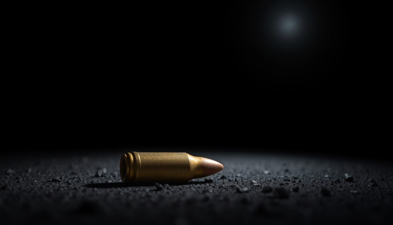 An extreme close-up photograph of a shiny brass bullet casing on a dark surface, capturing the harsh, gritty details of the object with dramatic lighting to convey the somber mood of a crime scene.