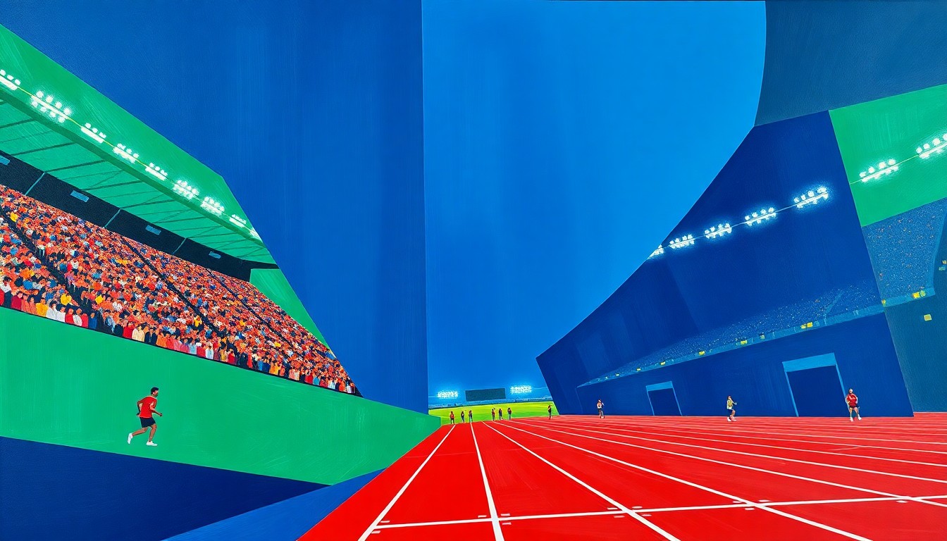 A fragmented, geometric painting depicting the motion and intensity of a track and field event, with sharp planes of color and overlapping perspectives conveying the excitement of the competition.