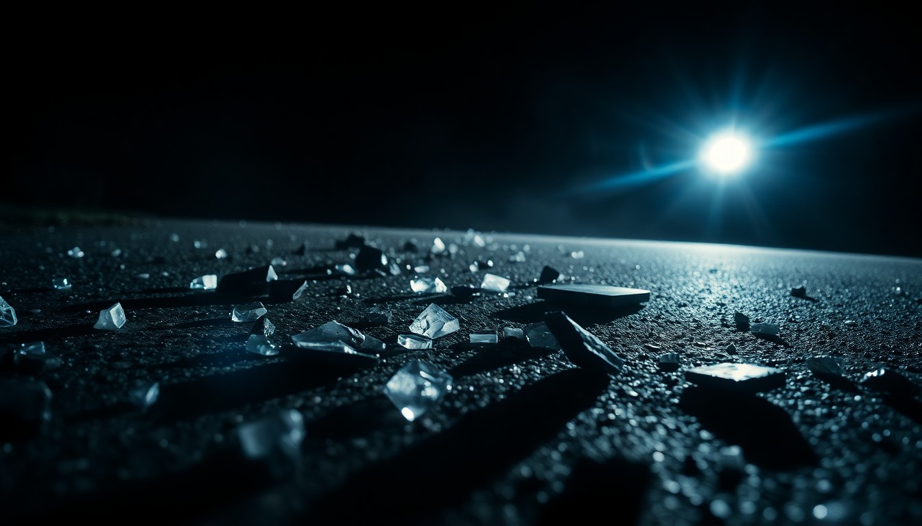 An extreme close-up photograph of shattered glass and twisted metal car parts scattered on the pavement, conveying the stark, gritty aftermath of a serious traffic accident.