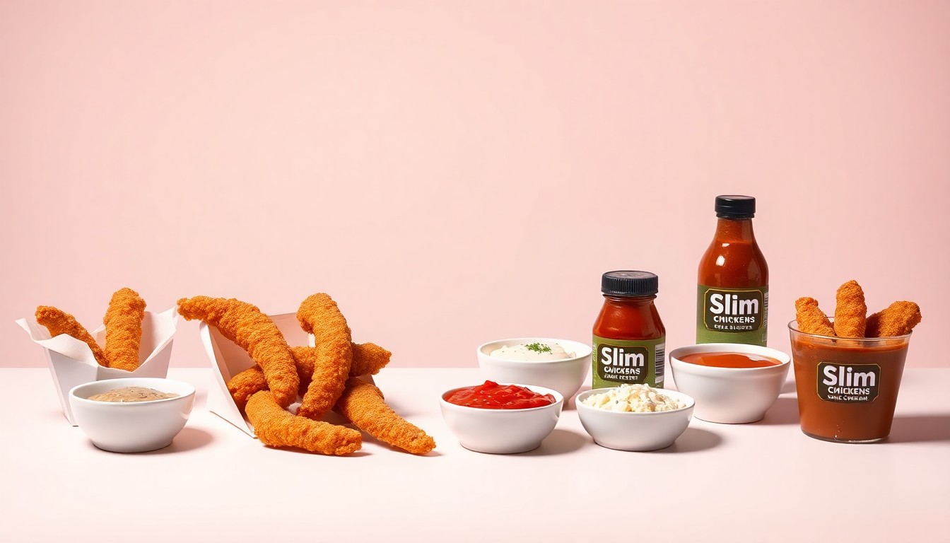 A high-end, photorealistic studio still-life photograph featuring a selection of Slim Chickens' signature chicken tenders, sauces, and sides arranged elegantly on a clean, monochromatic seamless background, using sharp, dramatic lighting to highlight the premium quality of the brand's products.