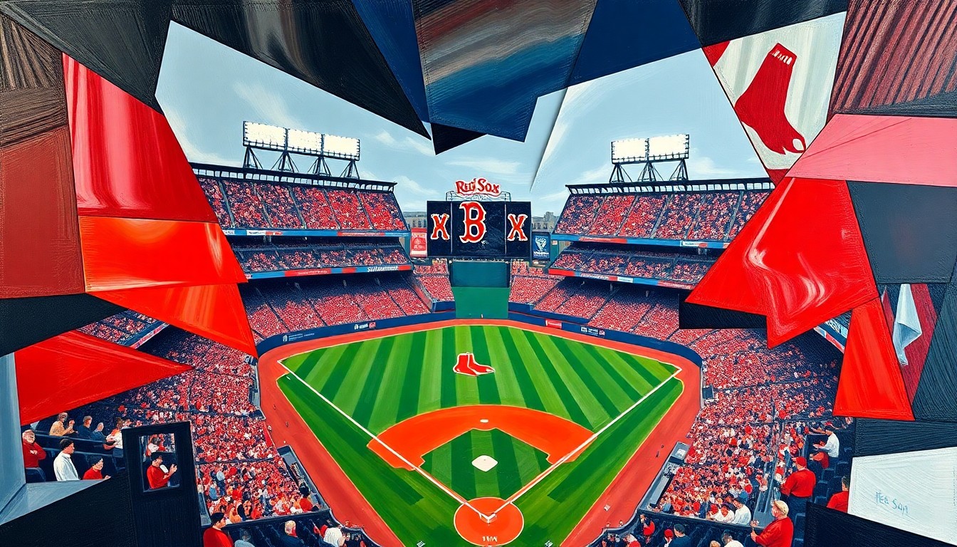 A cubist-style painting depicting a Red Sox baseball game in a fractured, geometric style, with overlapping planes of red, white, and navy blue representing the dynamic action on the field.
