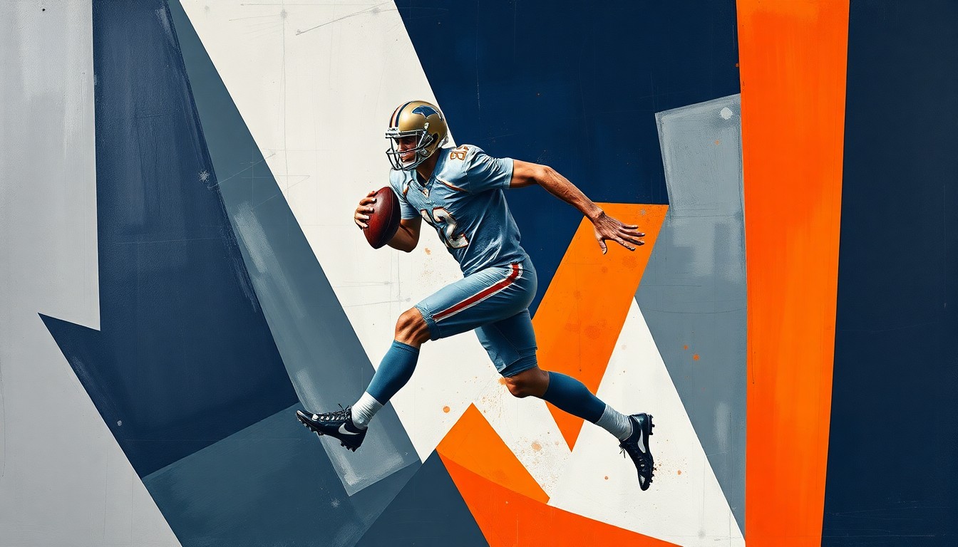 A fragmented, geometric painting depicting a football player's body in various overlapping perspectives, conveying the conceptual idea of an injury affecting a highly touted draft prospect.