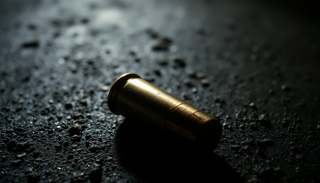 An extreme close-up of a metallic bullet casing on a rough, dark surface, dramatically lit by a harsh camera flash to create a stark, investigative aesthetic.