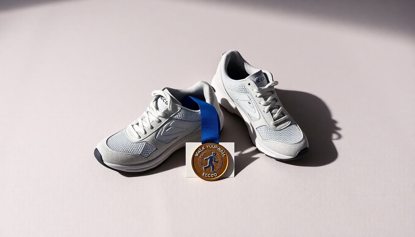 A photorealistic studio still-life photograph featuring a pair of Ecco walking shoes, a Boston Marathon medal, and a small placard with the 'Walk Your Walk' slogan, arranged elegantly on a clean, monochromatic background using dramatic lighting to represent Ecco's inclusive message.