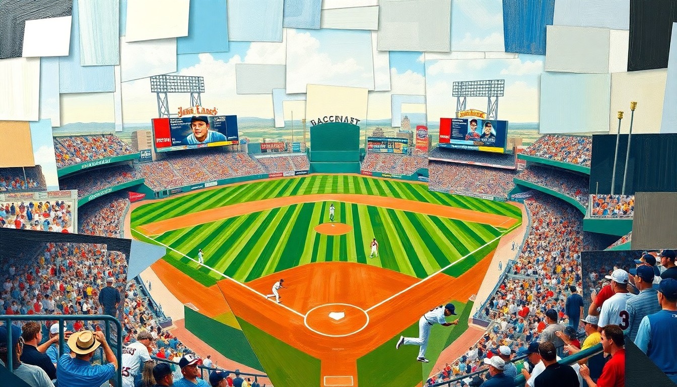 A cubist, geometric painting depicting a baseball game in motion, with players, baseballs, and field elements fractured and overlapping in an abstract, multi-angled composition.