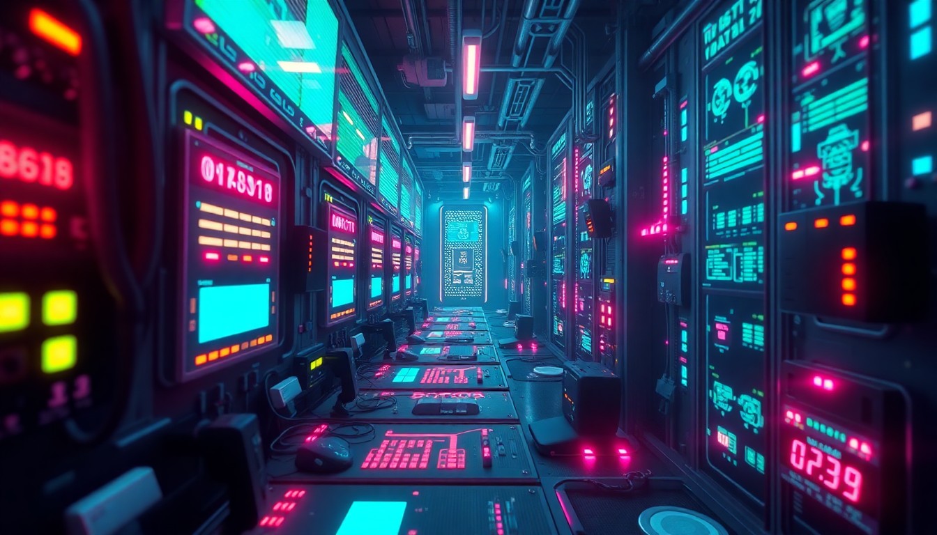 A highly detailed, glowing 3D macro illustration of a futuristic, neon-lit control panel or data center infrastructure, representing the complex technical challenges involved in remastering Fallout: New Vegas.