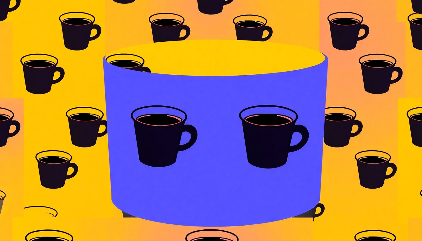 A brightly colored, high-contrast silkscreen print of a single, iconic coffee cup repeated in a tight grid pattern, capturing the vibrant, pop art style of the Gypsy Beans brand.